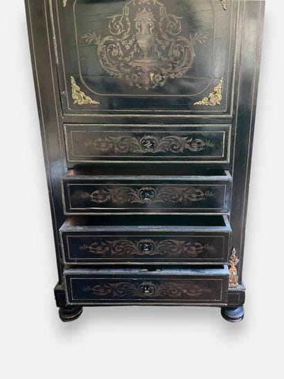 Blackened, inlaid wooden drop-leaf desk with...