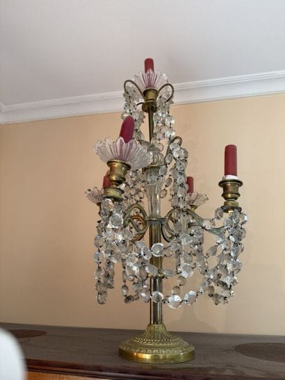 Pair of brass sconces with four arms, decorated...