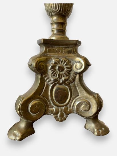 Pair of embossed brass candlesticks with...