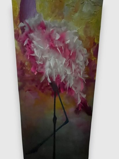 Pink Ibis, 
Mixed media, oil, and feathers...
