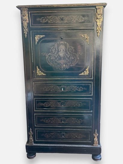 Blackened, inlaid wooden drop-leaf desk with...