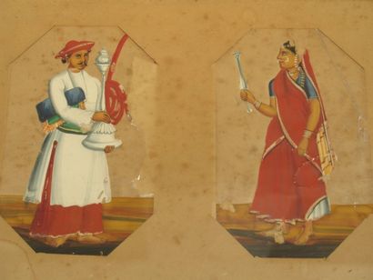 Trois aquarelles Indiennes sur mica, présentant...