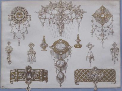 Quatre planches de gravure sépia et dorées...