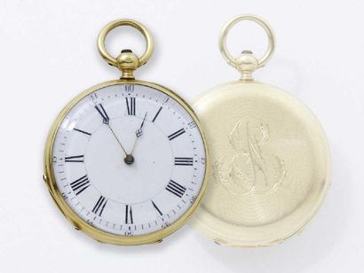 Montre de poche en or 18 K, cadran émaillé...
