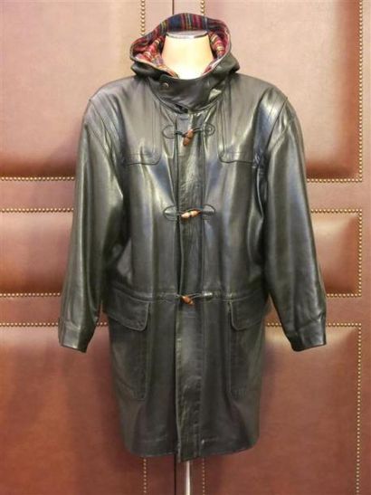 Sans marque Duffle coat cuir noir capuche,double...