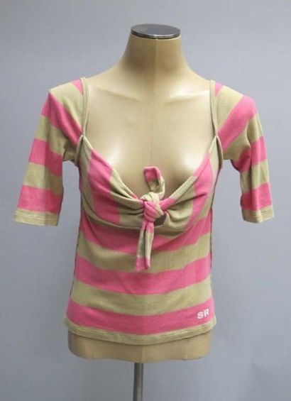 Mugler.Tshirt bayadère crème et rose noué...