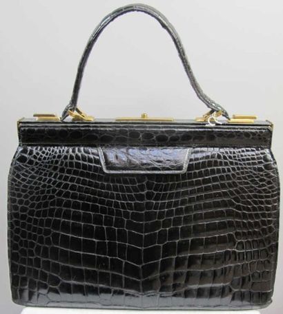 Sac vintage en cuir façon croco noir vernis...
