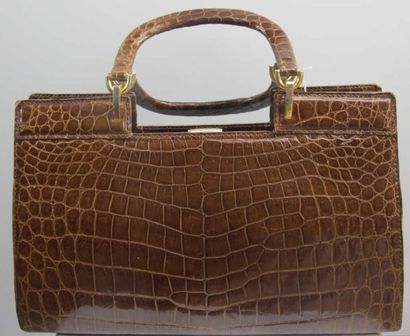 Sac vintage en cuir façon croco caramel à...