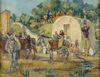 Paul GIROL (1911-1989). Les ânes à la fontaine....
