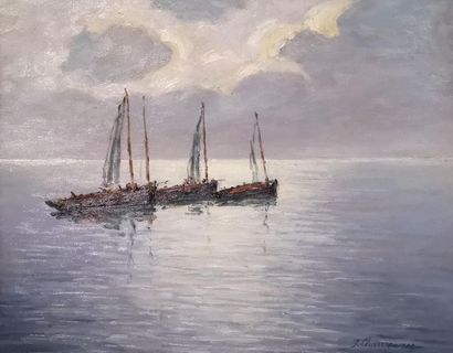 J. Chauveau. Bateau au lever du jour. Huile...