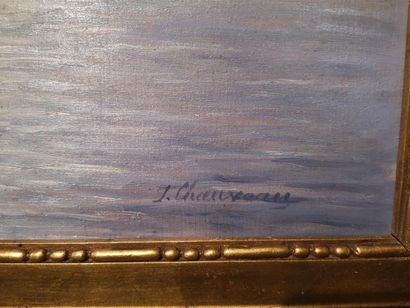 J. Chauveau. Bateau au lever du jour. Huile...