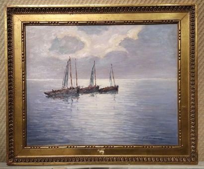 J. Chauveau. Bateau au lever du jour. Huile...