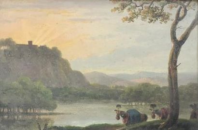 Caravane près d'une rivière. Huile sur panneau....