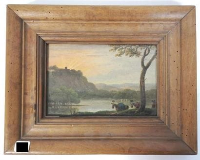 Caravane près d'une rivière. Huile sur panneau....