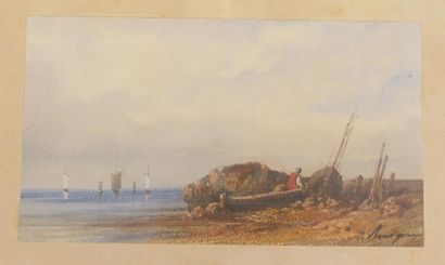 BOURGEOIS. Bateaux en bord de mer. Aquarelle....