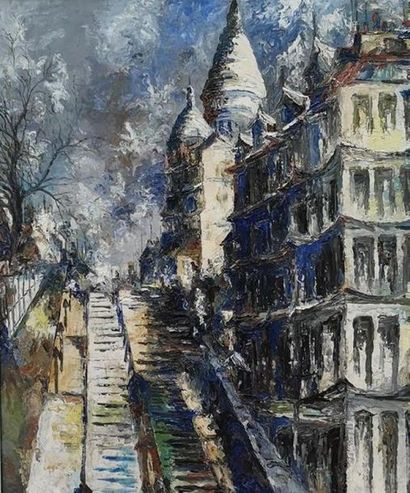 Vue du Sacré Coeur à Montmartre. Huile sur...