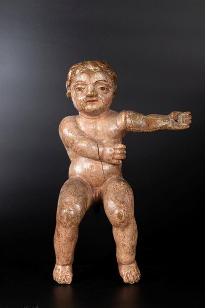 Angelot en bois sculpté en ronde-bosse et...