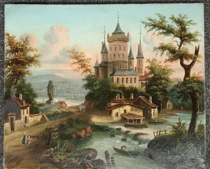 Ecole française vers 1830-40. Paysage animé...