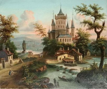Ecole française vers 1830-40. Paysage animé...