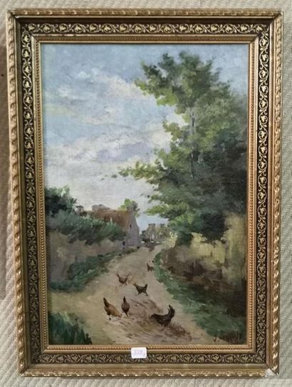 Poules près d une ferme. Toile début XXème....