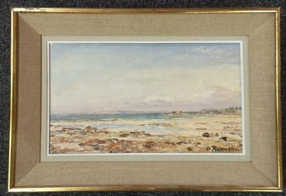Pierre BONNEROT. La plage de trégastel. Peinture....