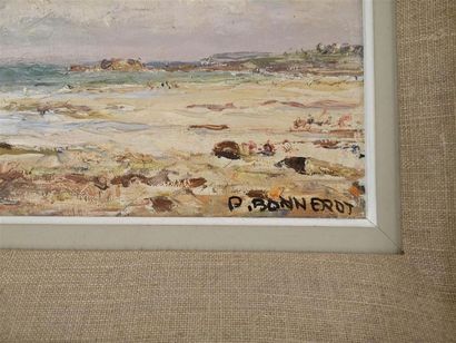 Pierre BONNEROT. La plage de trégastel. Peinture....