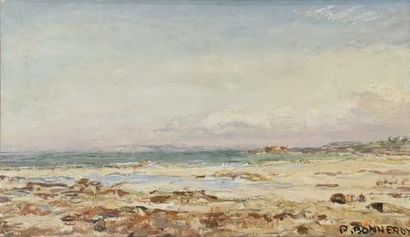 Pierre BONNEROT. La plage de trégastel. Peinture....