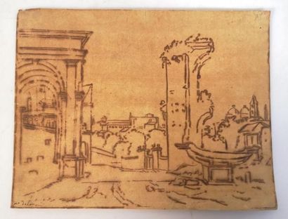 Paysage de ruines. Encre sur calque XIXème...