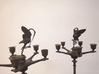 Paire de candélabres en bronze à deux patines,...