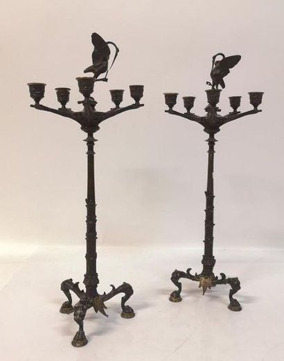 Paire de candélabres en bronze à deux patines,...