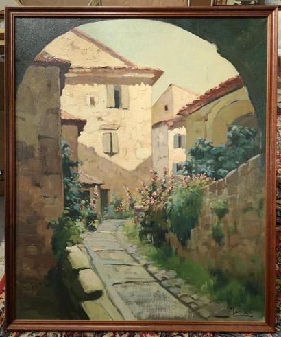 Jean MAREC (1901-1972). Ruelle fleurie. Huile...