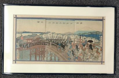 JAPON. Soldats sur un pont. Estampe, triptyque....