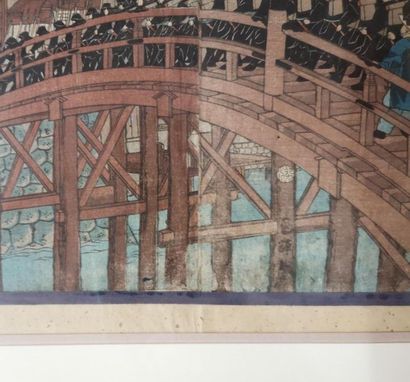 JAPON. Soldats sur un pont. Estampe, triptyque....