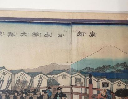 JAPON. Soldats sur un pont. Estampe, triptyque....
