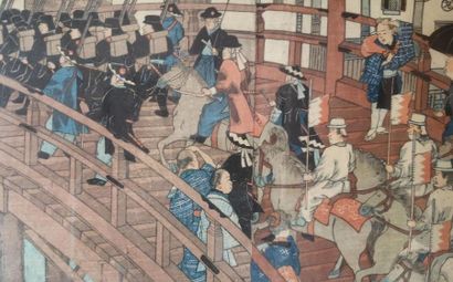 JAPON. Soldats sur un pont. Estampe, triptyque....