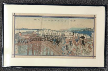 JAPON. Soldats sur un pont. Estampe, triptyque....