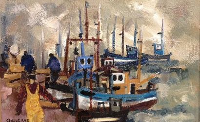 Claude QUIESSE. Bateaux au port. Toile. Signée...