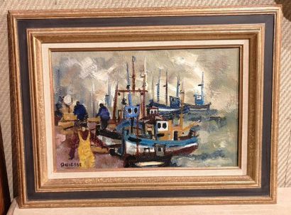 Claude QUIESSE. Bateaux au port. Toile. Signée...