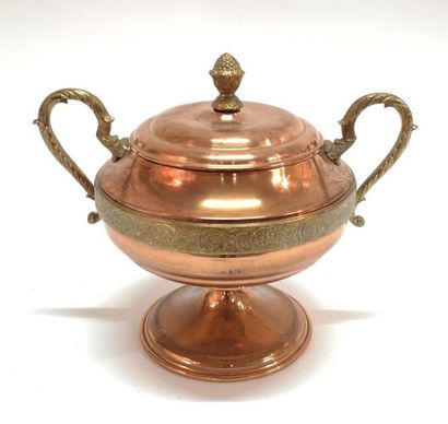 Grande coupe à anses en cuivre et laiton...