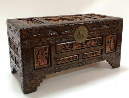 CHINE? Grand coffret en bois sculpté, l'intérieur...