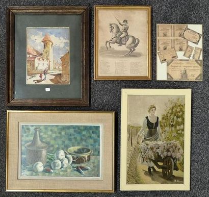 5 encadrements: collection d'assignats, aquarelle...