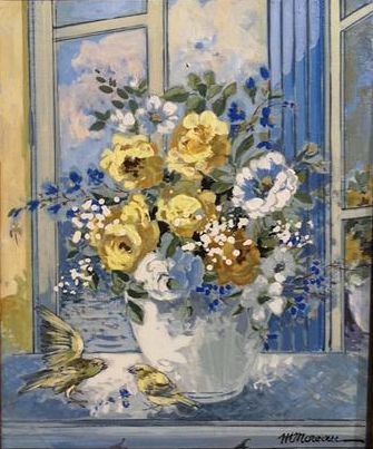 Michel MOREAU. Les canaris. Toile. 27 x 22...