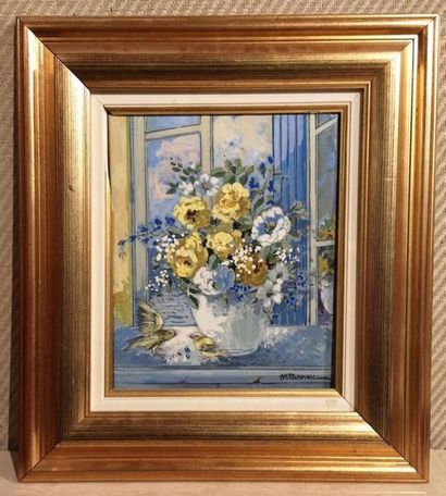 Michel MOREAU. Les canaris. Toile. 27 x 22...