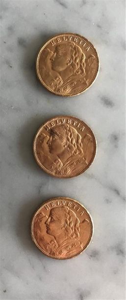 3 monnaies en or: 20 francs suisses