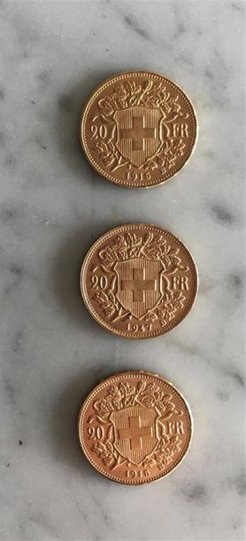 3 monnaies en or: 20 francs suisses