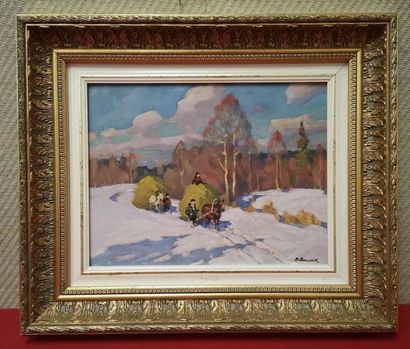 LACHINE. Travaux en hiver. Huile sur carton...