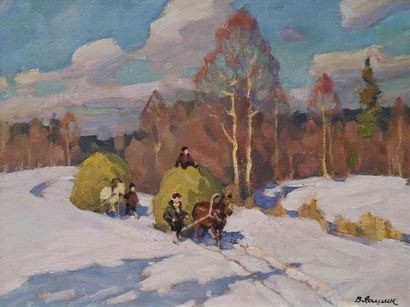 LACHINE. Travaux en hiver. Huile sur carton...