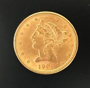 1 monnaie en or : 5 $ US 1908