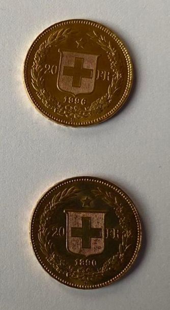 2 monnaies en or: 20 F suisses 1890B, 1896B...