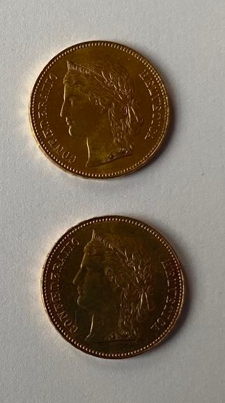 2 monnaies en or: 20 F suisses 1890B, 1896B...